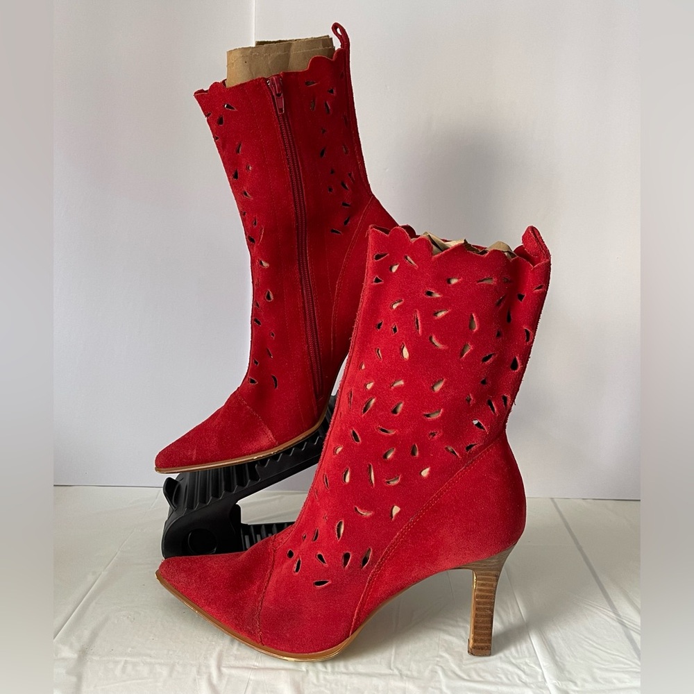 MANGO, Red Suede Heeled Boots with Laser Cut-Outs, Size 11, GUC